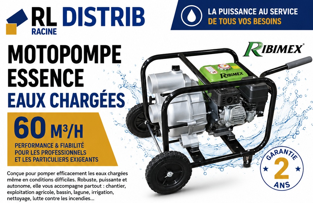 La motopompe thermique de marque Ribimex r&eacute;pond aux besoins de pompage mobiles. Elle travaille sans alimentation &eacute;lectrique fixe. Elle s'adresse aux professionnels, aux exploitants agricoles, aux collectivit&eacute;s et aux particuliers exigeants.